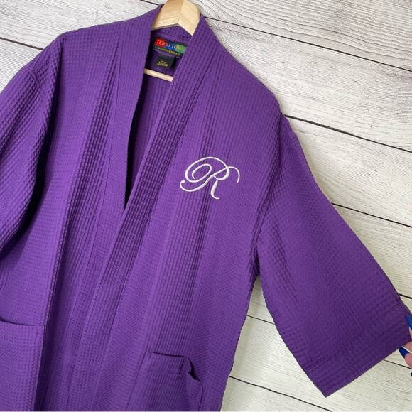 Terrytown R Initial Embroidered Purple Waffle Knit Robe OS * - Picture 2 of 7